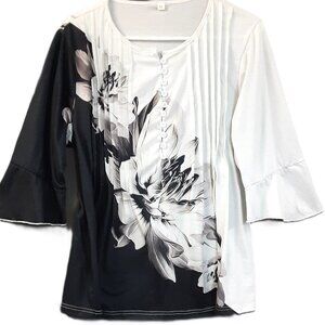 Woman's Blouse Size XL, Black/White Floral, 3/4 Sleeve, pullover
